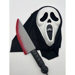 Adult Scream-Inspired Black Hooded Costume Dress With Jagged Hem & Bloody Knife